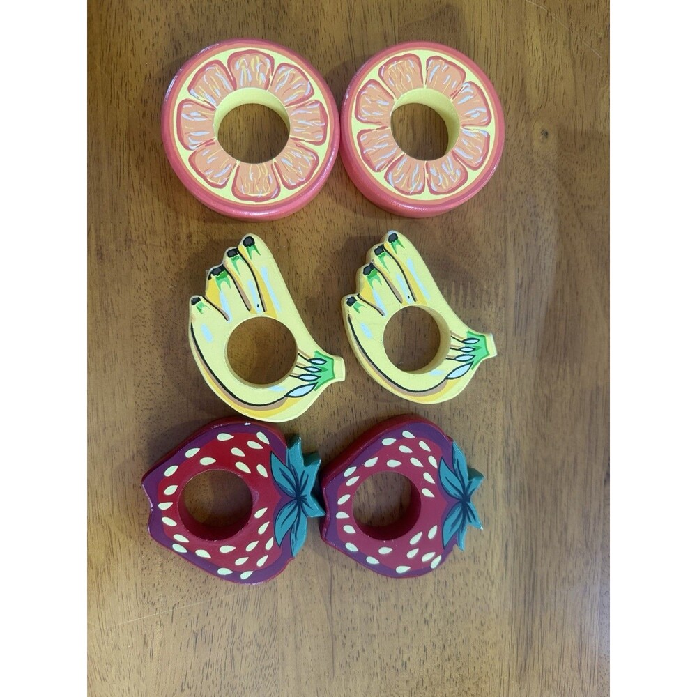 6 Hand Painted Wooden Napkin Rings Strawberry, Orange, Bananas